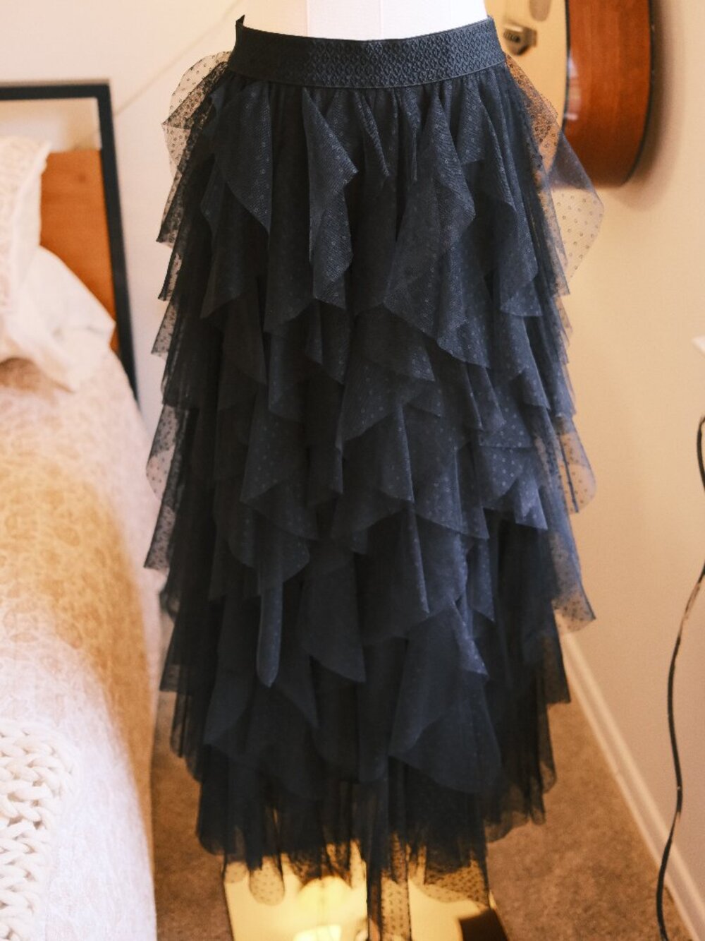 Anthropologie Chéri Black Ruffled Tulle Midi Skirt Size S